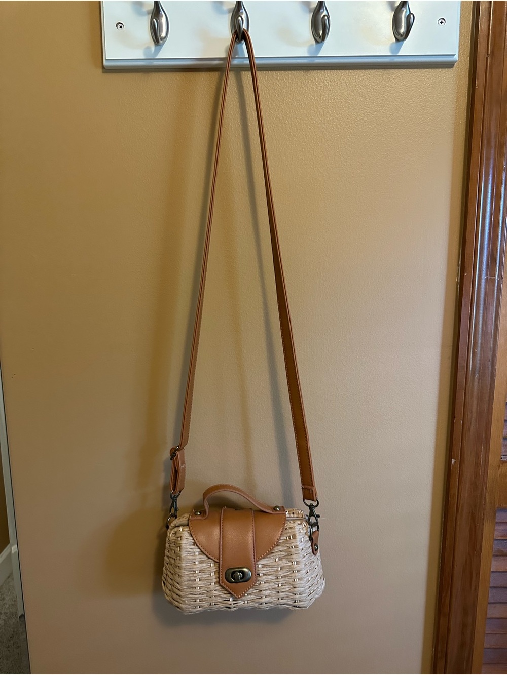 Woven Straw Crossbody Bag with Tan Leather Trim